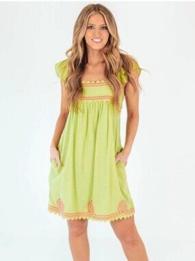 J.Marie Lime Green Summer Dress with Pink Trim